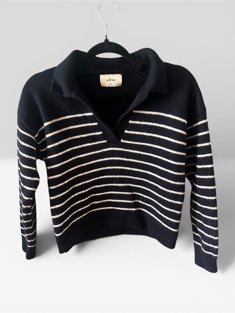 Aritzia Wilfred Clara Striped Merino Wool collared Sweater Navy White Size M